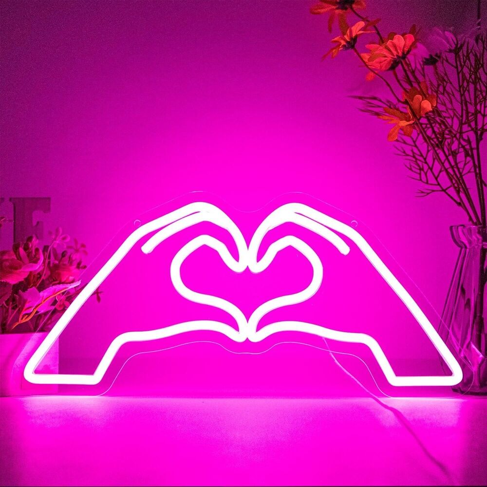 LED Heart Hand Neon Light Glows Magenta USB Powered Wall Mount/Table Top New